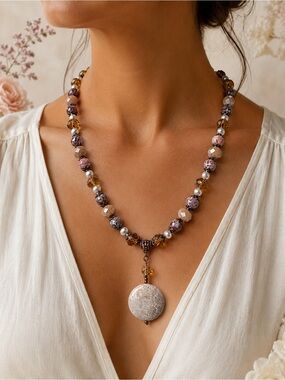 Fossil Coral, Leopard Jasper & Pearl Statement Necklace by Desert Beads 19”-20”